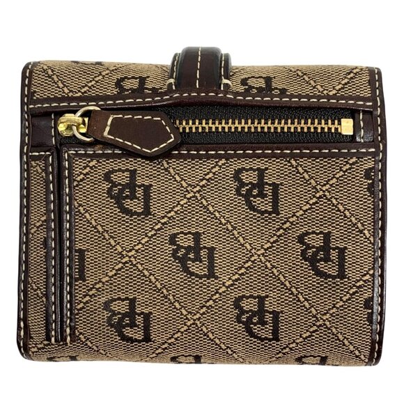 Dooney Bourke Signature Compact Wallet Trifold Brown/Tan Jacquard Leather Trim - Picture 2 of 11